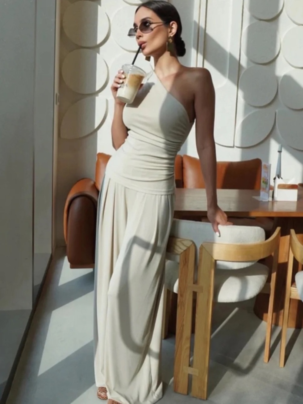 OGL Sandwashed  Pleated Wide Leg Palazzo Pant in Morning Mist Color